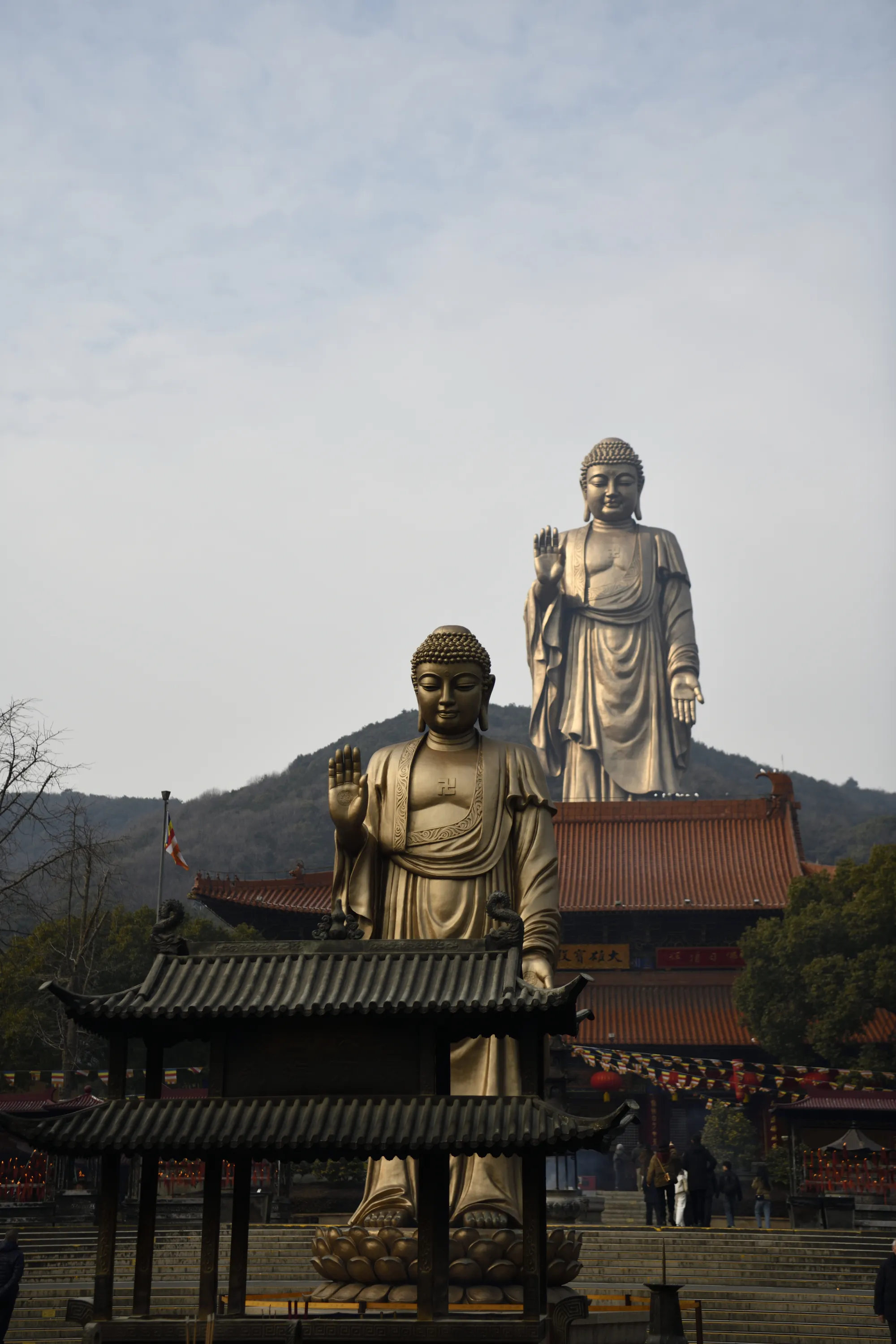 Large bronze Buddha statues rising above a temple courtyard and wooded hills