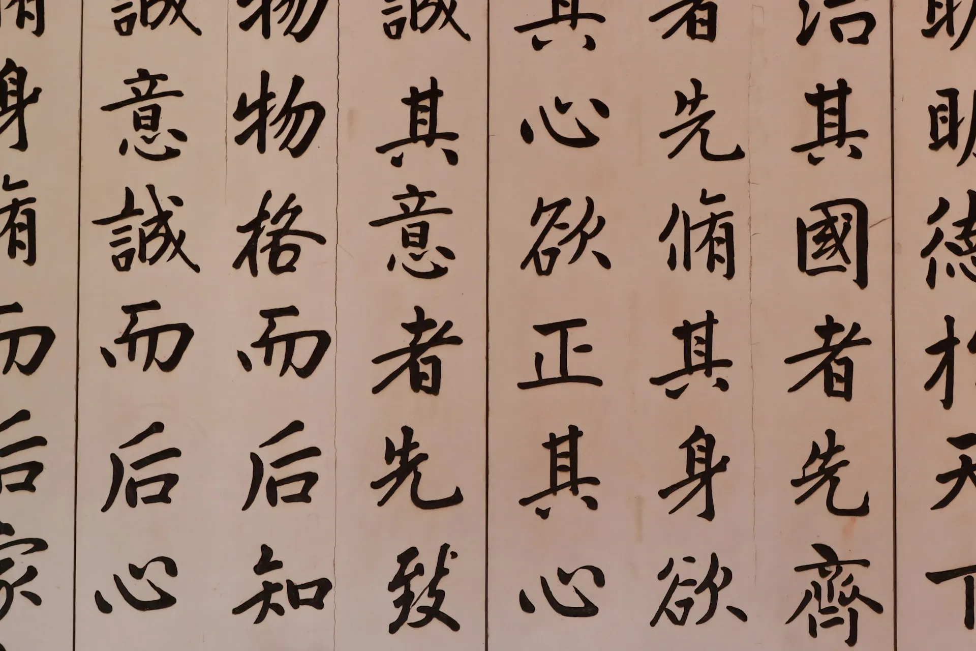 Rows of Chinese calligraphy written in black ink on warm paper panels