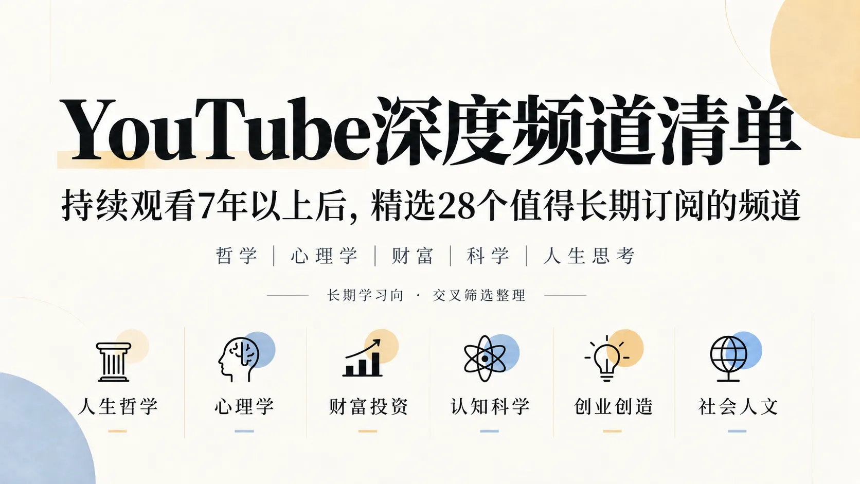 《我整理了关注的 47 个 YouTube 频道，选出这 28 个：哲学、心理学、财富、科学与人生思考》的文章封面。