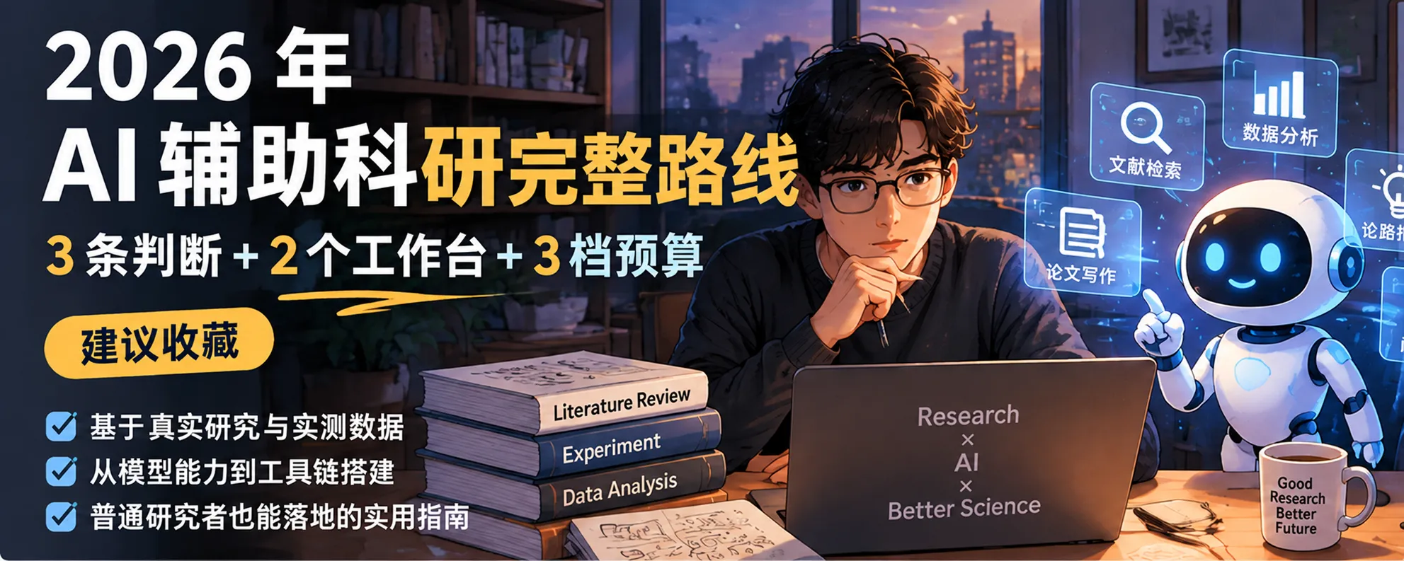 《2026 年 AI 辅助科研完整路线：3 条判据 + 2 个工作台 + 3 档预算，建议收藏》的文章封面。