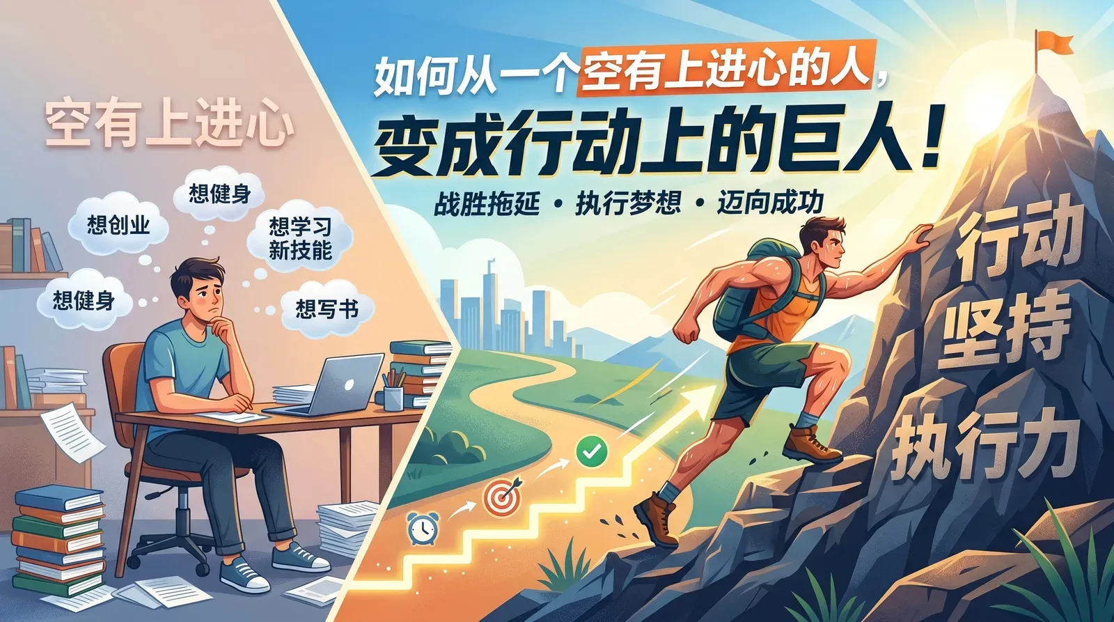 一位在山路上坚定前行的人，象征把志向转化为行动。